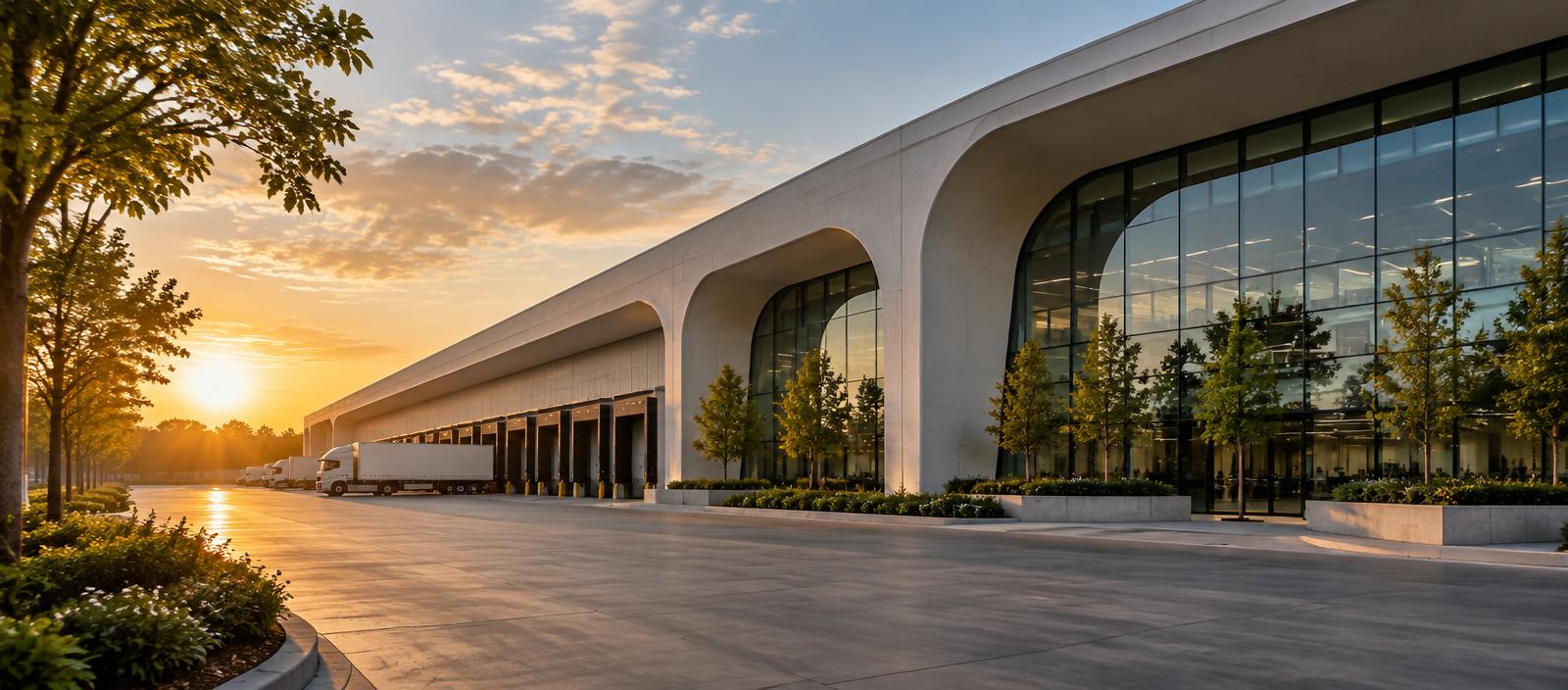 Centro de distribución de Odessa de México al atardecer